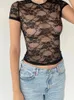 Women's T Shirts CHRONSTYLE Women Fairy Grunge Lace Tees Top Sexy Mesh See Through O-Neck Short Sleeve T-Shirts Summer Party Club Streetwear