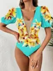 Women's Swimwear 2024 Sexy One Piece Swimsuit Puff Sleeves Print Floral Women Bathing Suit Beach Wear Backless Monokini Summer