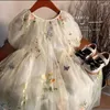 Flicka klänningar barn klädflickor söt klänning 2024 sommar fashionabla bubbla ärmar fairy blommor broderi mesh väv prinsessan