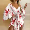 Vestidos casuais 2024 verão praia elegante mulheres sexy v pescoço lace-up floral impressão mini vestido mangas largas senhoras festa
