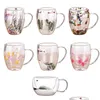 Mugs 350Ml Double Wall Glass Mug Cup With Dry Flower Fillings Handles Kitchen Accessories Wll2148 Drop Delivery Home Garden Kitchen, D Dhbzl