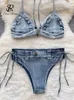 브라스 세트 SingReiny Female Denim 감각 속옷 양복 Halter Short Bra Lace Up Thongs 패션 섹시 비키니 에로틱 포르노 란제리