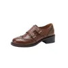 Klänningskor 2024 Vårkvinnor pumpar naturligt läder 22-24,5 cm Vintage tvättkohuden Pigskinn Full loafers Buckle Brogue