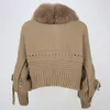 Luxo inverno feminino casual real gola de pele de raposa moda curto quente solto jaqueta de malha com pele natural casaco de carcela 240124