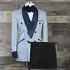 Costumes pour hommes, coupe cintrée, bleu clair, veste Double boutonnage avec pantalon, châle bleu marine, costume de smoking de mariage personnalisé, 2024