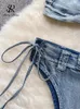 브라스 세트 SingReiny Female Denim 감각 속옷 양복 Halter Short Bra Lace Up Thongs 패션 섹시 비키니 에로틱 포르노 란제리