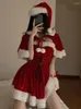 Work Dresses Red Sexy Three-piece Christmas Set Women Korean Party Mini Skirt Suit Year 2024 Backless Dress Sweet Shawl Japanese Hat