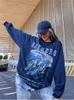 Dames Hoodies QWEEK 90s Vintage Blauwe Hoodie Dames Y2K Retro Harajuku Hip Hop Grafische Print Pullover Sweatshirt Oversized Koreaanse Street chic