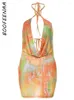 Robes décontractées BOOFEENAA Deep Plunge Halter Neck Mini Robe Sexy Outfit Femmes Clubbing Imprimer Orange Été 2024 C78-BB11