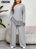 Gibsie Plus Size Women Home Style Twe Piece Outfit Fall Casuary O-Neck Lengeve Tassel Hem Tops With Wide Leg Pantsセット240130