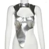 Kvinnors T -skjortor PU LÄDER KVINNA TANK TOP SOLID SILVER HOCK NACK OBERGURAR HOLLOURA OUT CROP 2024 SUMMER NIGHT Club Party Vest