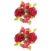 Decorative Flowers Set Of 2 Garland Candlestick Taper Rings Wedding Wreath For Decor Red Peony Flower