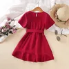 Girl's Dresses Kids Casual Summer Dress for Girls Toddler Short Sleeve Red Solid Princess Wrap Dress with Belt Fashion Children Clothing 2-8Y