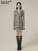 Casual Dresses DEAT Women's Fashion Tweed Suit Dress Notched Collar Long Sleeve Single Breasted Plaid Elegant Coat Autumn 2024 13DB1384