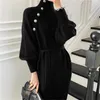 Turtleneck Buttons Lace-up Autumn Winter Elegant Dresses for Women Robe Sweater Maxi Dress Female Thick Knitted Dress 240130