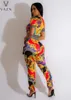 Kvinnors tvåbitar byxor Vazn 2024 Women Street Girl Style Set Short Sleeve Round Neck Top Elastic Long Printed Lady 2 Set