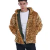 Autumn and Winter Leopard Pattern Mens Hooded Coat Fashion Faux Fur Long Sleeve Plush Thickened Warm Wool Sweater UE9Q