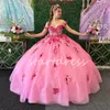 Prinsessan Rose Pink Quinceanera klänningar från axlarna Blomma blommor bollklänning söt 15 sexton födelsedagsfest klänning charro bow vestidos de xv debutante mexican 2024