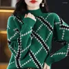 Pulls pour femmes 2024 Vintage Femme Vêtements Argyle Imprimé Mode Géométrique Épissé Automne Hiver Tout-Match Demi Col Haut Pulls