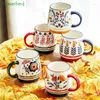 Kubki duże francuskie ręcznie malowane ceramiczna kubek Kreatywny kubek do kawy z uchwytem para herbaciarnia domowa śniadanie Prezent