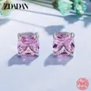 Stud Earrings ZDADAN 925 Sterling Silver 11mm Square Pink Zircon Earring For Women Wedding Jewelry