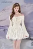 Casual Dresses Gentle Sweet Off-Shoulder Bowk Halter Sexig miniklänning för kvinnor Hög midja Slim Fit Kawaii Ball Gown Princess Winter