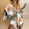 Casual Dresses 2024 Summer Beach Elegant Women Sexy V Neck Lace-up Floral Print Mini Dress Flearde ärmdamer Party