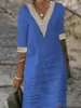 Kleider für Damen, modische und bequeme Damen-Freizeitkleider aus Baumwolle und Leinen, einfarbig, V-Ausschnitt, Mittelärmel, 240122