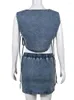 Arbetsklänningar Simenual Blue Denim 2-stycken Set Women Outfit ärmlös snörning Loose Crop Top Elastic midja Hip Skirt Co-Oord Suits Streetwear