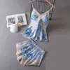 Print Kanten Pyjama Set Vrouwen Nachtkleding Intieme Lingerie Zomer Sexy Strap Top Shorts Slaap Pak Zijdeachtig Satijnen Pyjama Homewear 240126