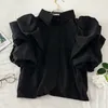 Женские блузки, летние топы Camisas Mujer 2024, рубашки для женщин, блузка с короткими рукавами и фонариками, черно-белые плиссированные Roupas Femininas Blusas