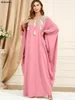 Ethnic Clothing Siskakia Women Abaya Sweet Pink Lace Patchwork O Neck Long Sleeve Oversized Batwing Robe Muslim Arab Dubai Turkey Dressing