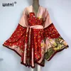 Damenbadebekleidung WINYI 2024 Afrika Sommer Druck Frauen Strickjacke Stich Robe Cocktail Sexy Boho Lose Urlaub Langarm Seide Kimono mit