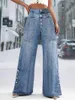 Damesjeans met gesplitste knopen, rechte wijde pijpen, zakken met hoge taille, vintage mode, dames, casual streetwear broek