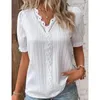 Blusas femininas blusa casual verão férias moda oco manga curta camisa de renda painel com decote em v pulôver camisas femme