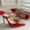 Sandálias Sexy Red Patent Leather Sapatos Cristal Embelezado Strap Pointed Toe Cut-out Mules de Salto Alto