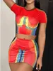 Work Dresses LW Daily Casual Street Graffiti Color Block Multicolor 2pcs Skirt Suit Crew Neck Short Sleeve Crop Top&Mini Stretch Dress