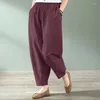 Pantaloni da donna 2024 Primavera e Autunno Art Vintage Tasca a vita alta Tinta unita Versatile Rilassato Oversize Nine Point Harlan