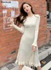 Vestidos casuais doce mulheres magro joelho comprimento all-match outono inverno elegante malhas temperamento escritório senhora streetwear estilo coreano