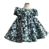 Girl Dresses O-neck Puff Sleeve Elegant Flower Slim Waist Beading Design Pleated Kids Birthday Party Dress Printed Princess Robe