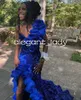 Royal Blue Sparkly Trumpet Evening Birthday Dresses Luxury Velvet Ruffles Shoulder Slit Prom Ceremony Gown for Black Girl