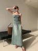 Casual Dresses Vintage Elegant Party Midi Dress Women Korean Style Denim Strapless A-line Temperament Sexy Streetwear Designer 2024