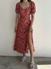 Party Dresses Summer Sexy Floral Long Women Elegant Chic Red Backless Slit Beach Dress Casual V Neck Puff Sleeve 2024