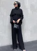 Etniska kläder Turkiet Dubai Muslim Ruffle 2 Piece Set Women Top Pant Miyake Pleated Kaftan Abaya klänningar Marocko Robe Femme Musulmane