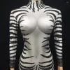 Stage Wear Animal Pattern Printed Jumpsuit Adult Women Festival Cosplay Costume Zebra Role Playing Performance Crystal Leotard