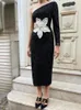 Casual jurken elegante sexy zwarte one-shoulder uitgesneden grote bloem pailletten midi-jurk mode feest club straat dameskleding