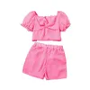 Robes de fille enfants vêtements décontractés ensembles tenues pour filles 2024 nouvel été enfants mode rose à manches courtes hauts chemises pantalon court 7-14 ans