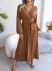 Casual Dresses Spring Summer Temperament V-neck Large Hem Pleated Long Dress Simple Solid Sleeved Women's Clothing Slim Waist Muslim Abaya