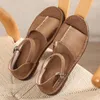 Sandals 2024 Summer Head Layer Cowhide Women's Hand-stitched Beef Tendon Sole Flat Heel Buckle Retro Shoes