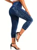 Women's Plus Size Sports Leggings Lady Oversize Denim Print Floral High Rise Skinny Slight Stretch Tight Pants 240131